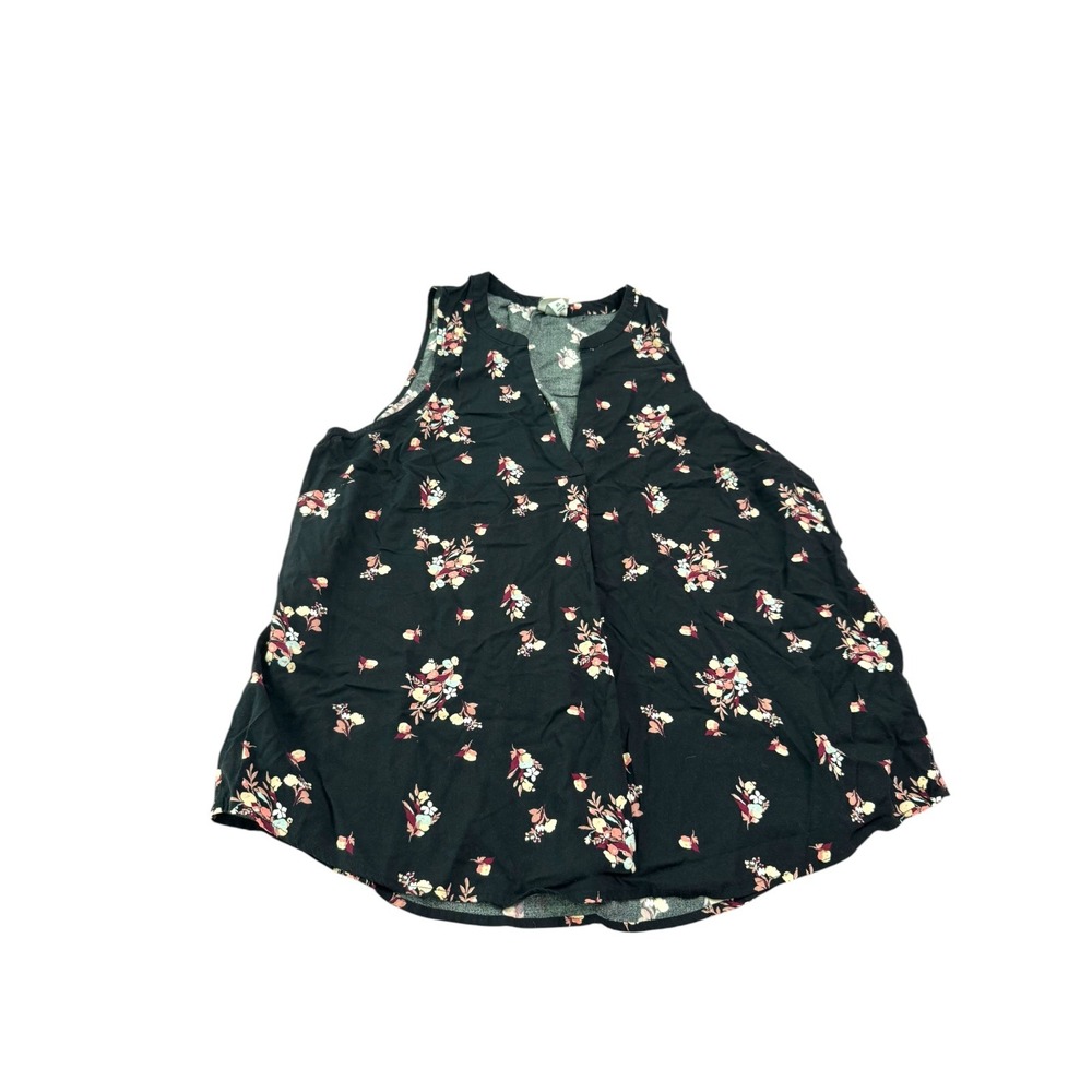 A New‎ Day Womens XL Black Floral Sleeveless Split V-Neck Rayon Blouse Top